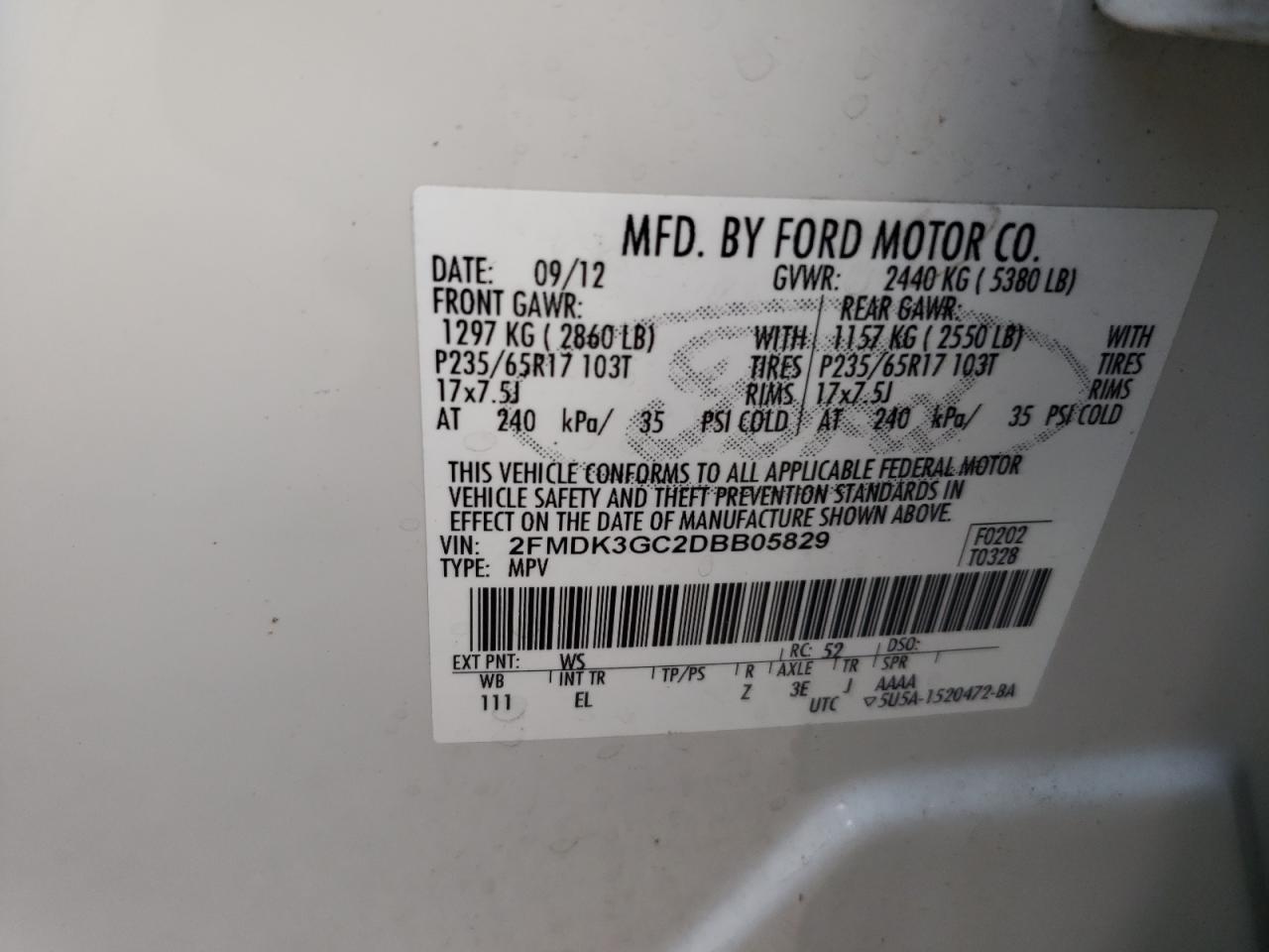 VIN 2FMDK3GC2DBB05829 2013 FORD EDGE no.14