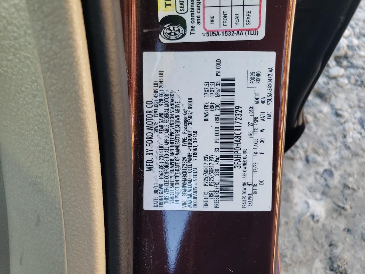 2012 Ford Fusion Se VIN: 3FAHP0HA8CR172329 Lot: 80127304