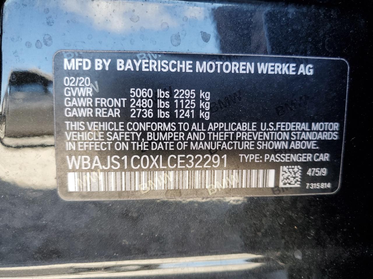 2020 BMW 540 I VIN: WBAJS1C0XLCE32291 Lot: 80429834