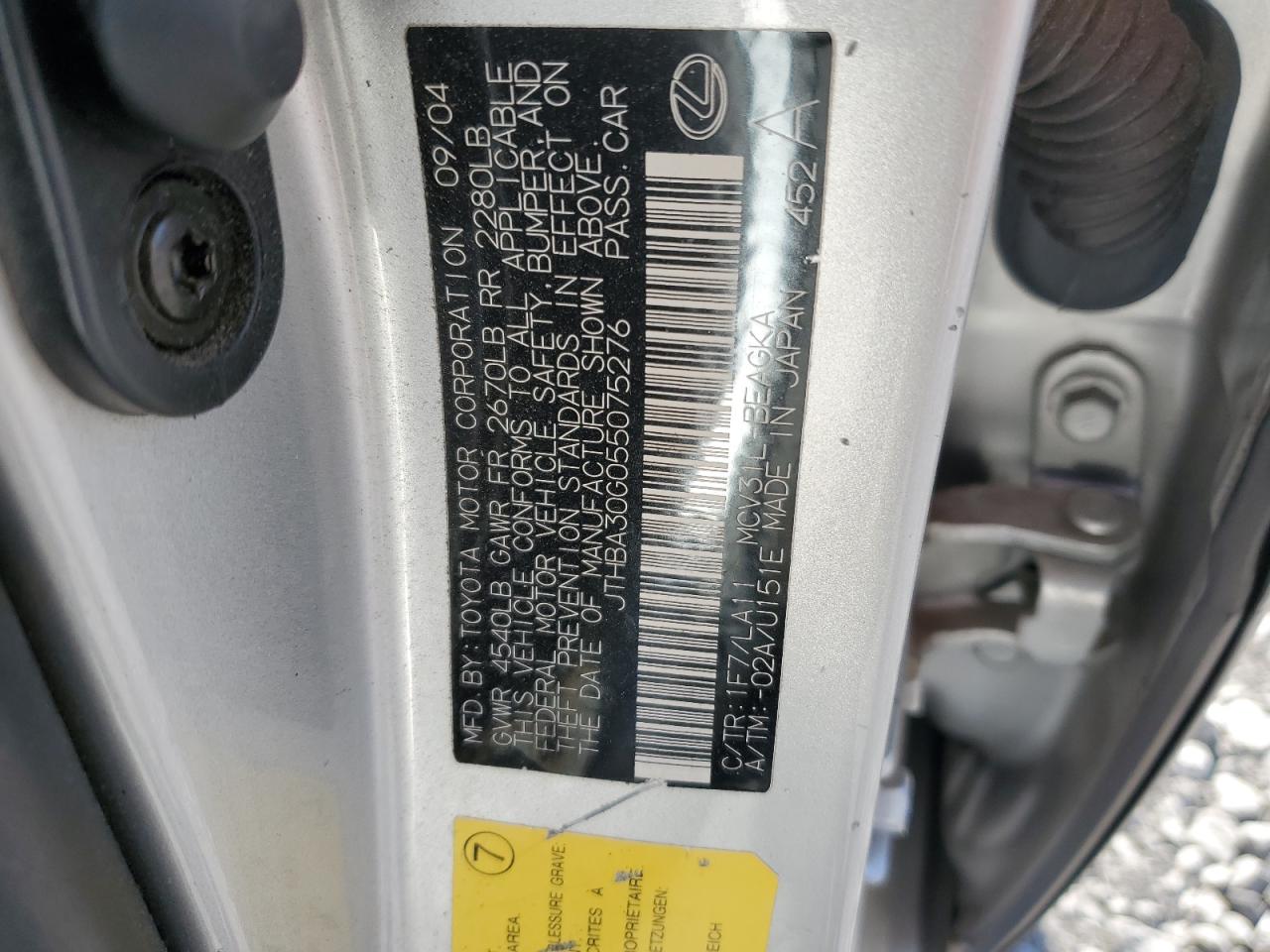 2005 Lexus Es 330 VIN: JTHBA30G055075276 Lot: 81963894