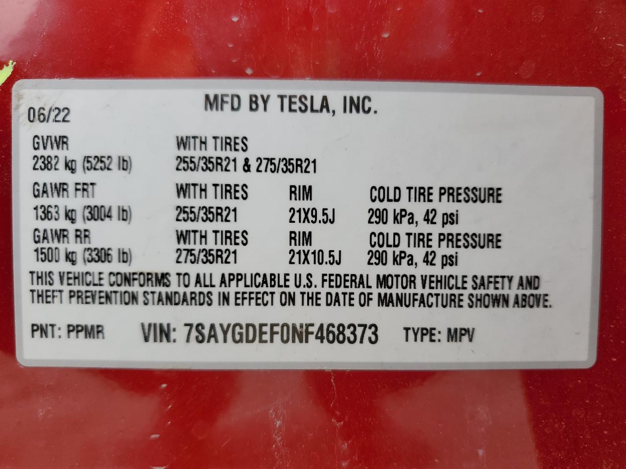 2022 Tesla Model Y VIN: 7SAYGDEF0NF468373 Lot: 79514284