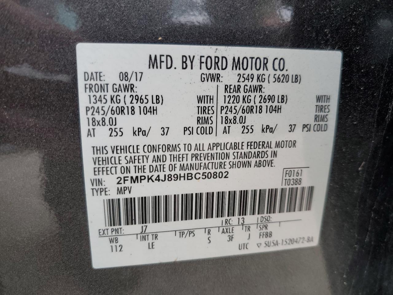 2017 Ford Edge Sel VIN: 2FMPK4J89HBC50802 Lot: 80314264