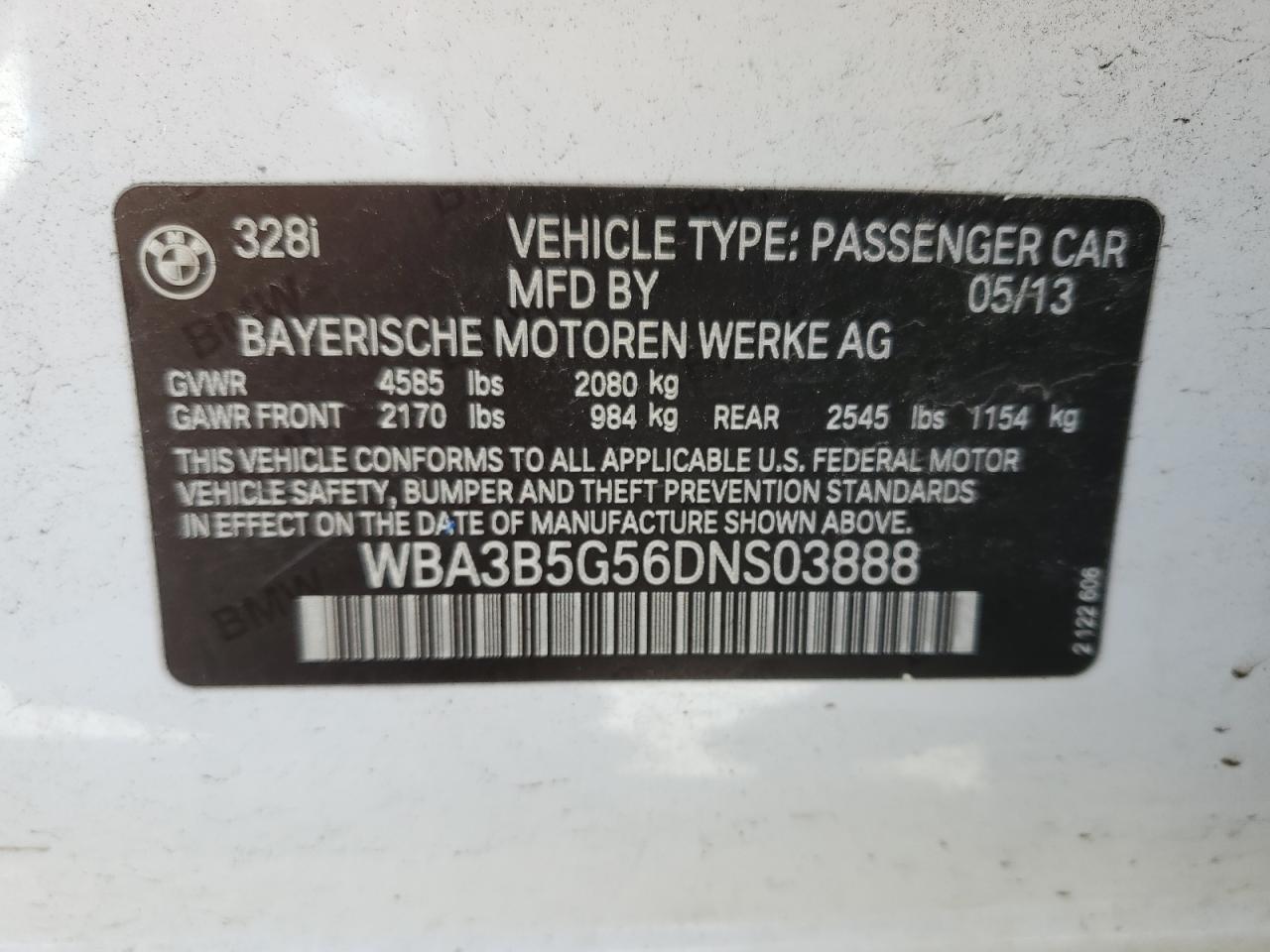 2013 BMW 328 Xi Sulev VIN: WBA3B5G56DNS03888 Lot: 80371274