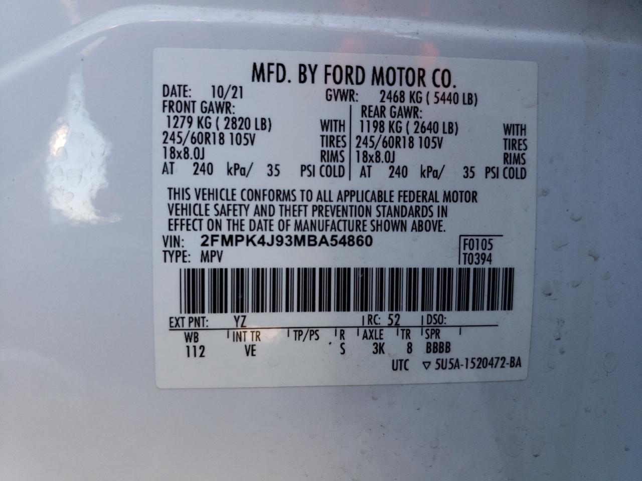 VIN 2FMPK4J93MBA54860 2021 FORD EDGE no.13