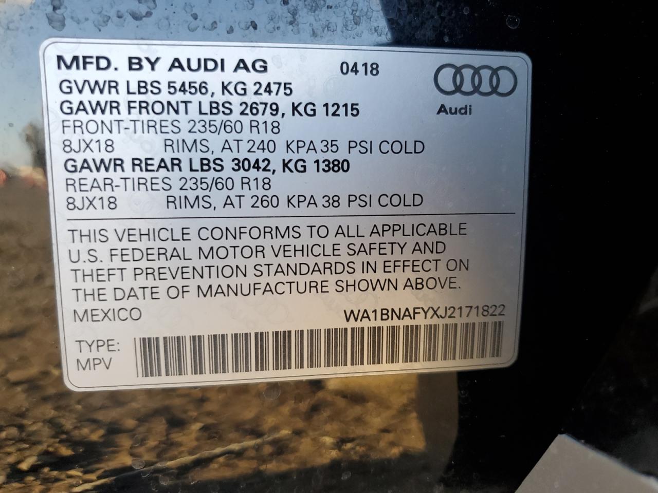 2018 Audi Q5 Premium Plus VIN: WA1BNAFYXJ2171822 Lot: 81000394