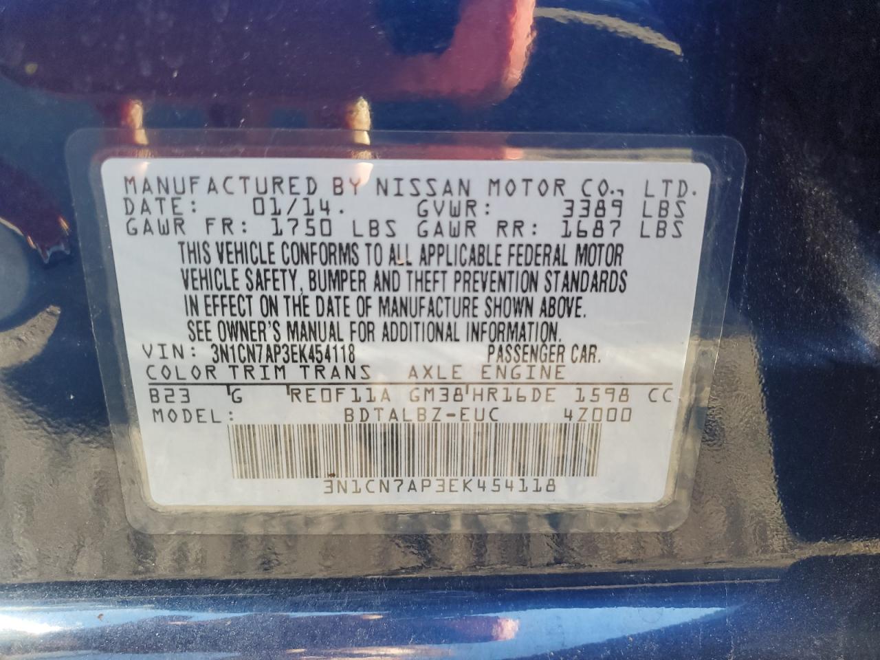 2014 Nissan Versa S VIN: 3N1CN7AP3EK454118 Lot: 81584644