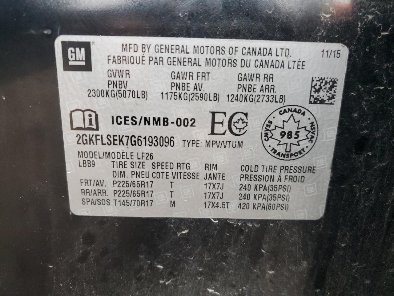 2016 GMC Terrain Sle VIN: 2GKFLSEK7G6193096 Lot: 79956344