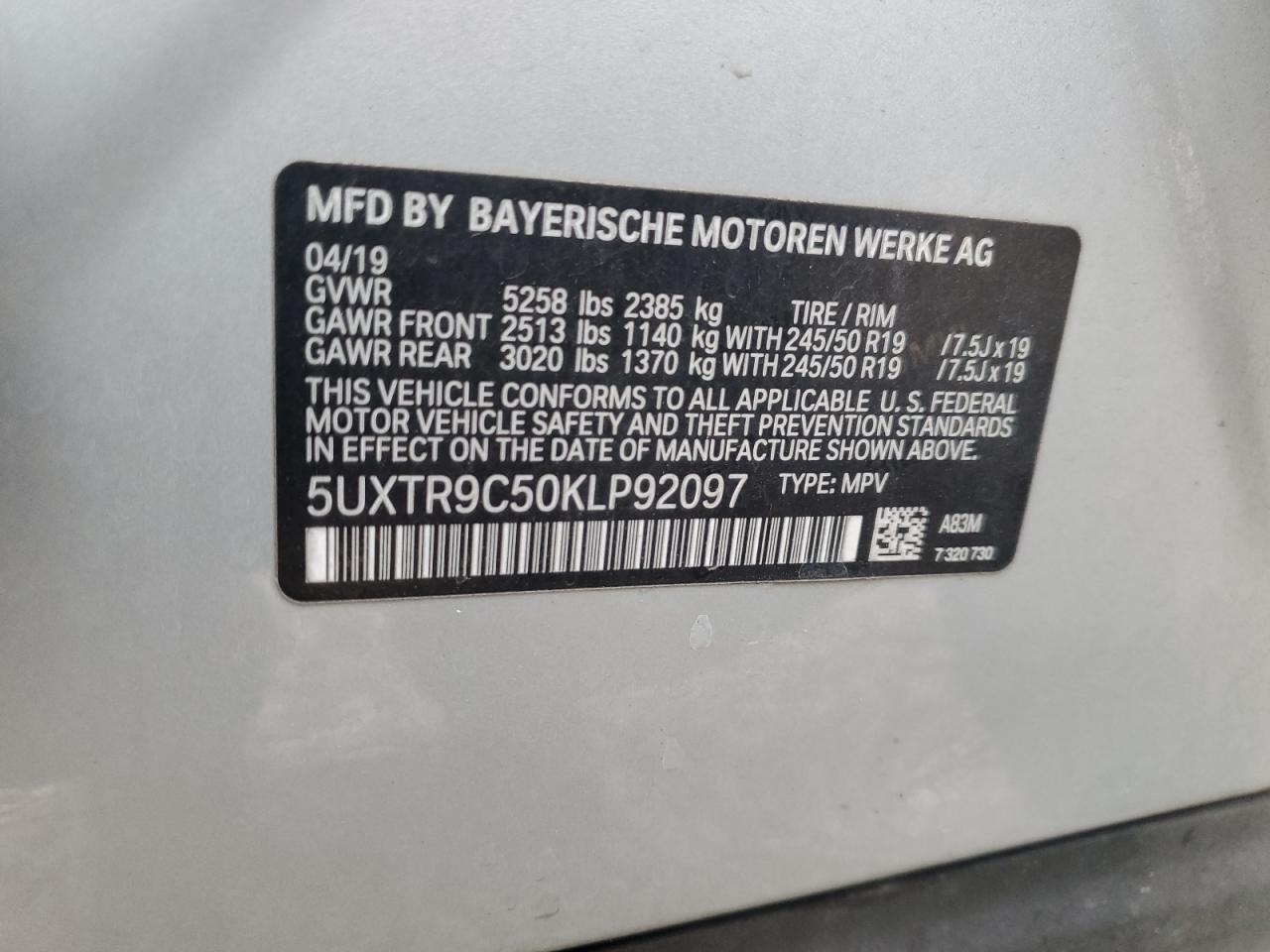 VIN 5UXTR9C50KLP92097 2019 BMW X3 no.12