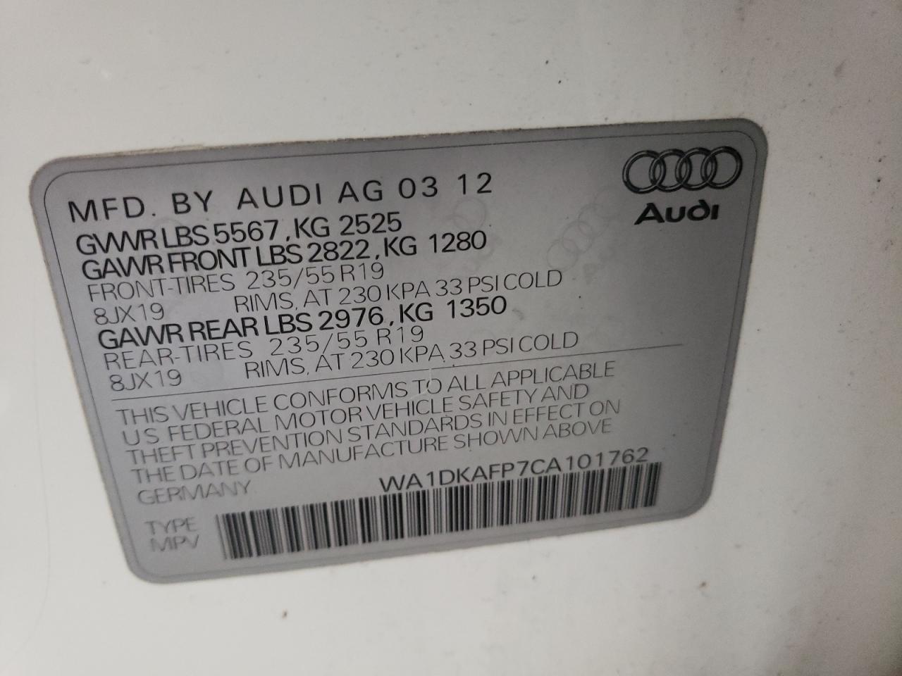 2012 Audi Q5 Premium Plus VIN: WA1DKAFP7CA101762 Lot: 80506294