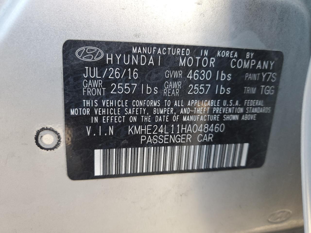 2017 Hyundai Sonata Hybrid VIN: KMHE24L11HA048460 Lot: 58939435