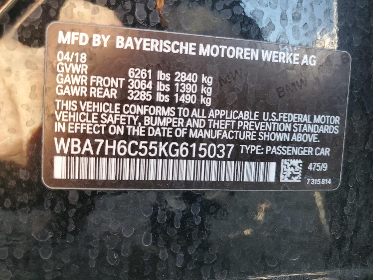 2019 BMW M760 Xi VIN: WBA7H6C55KG615037 Lot: 80218404