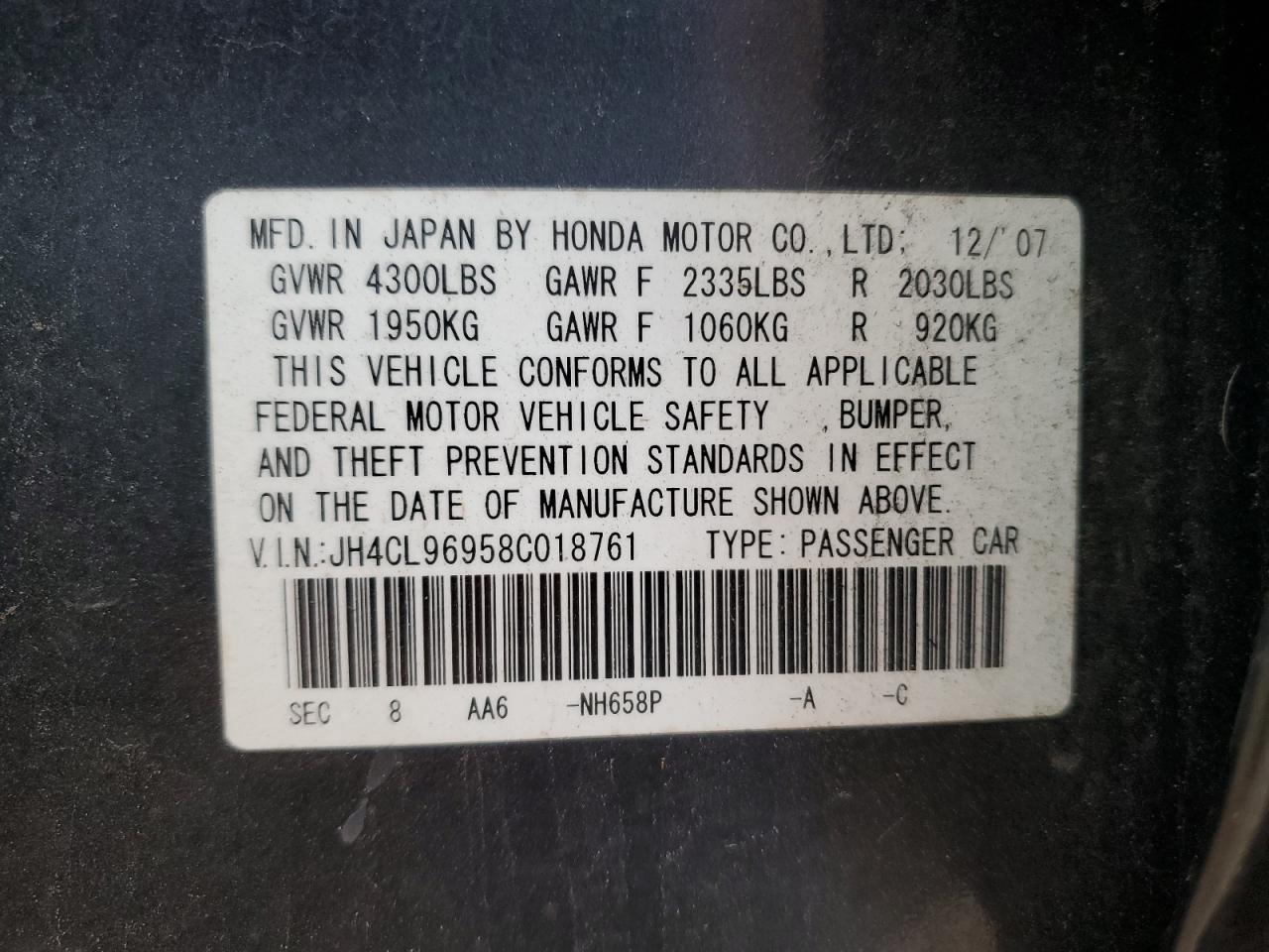 2008 Acura Tsx VIN: JH4CL96958C018761 Lot: 75697054