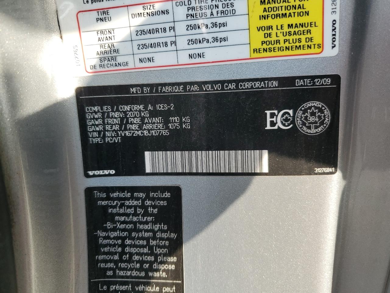 2011 Volvo C70 T5 VIN: YV1672MC1BJ107765 Lot: 76587454