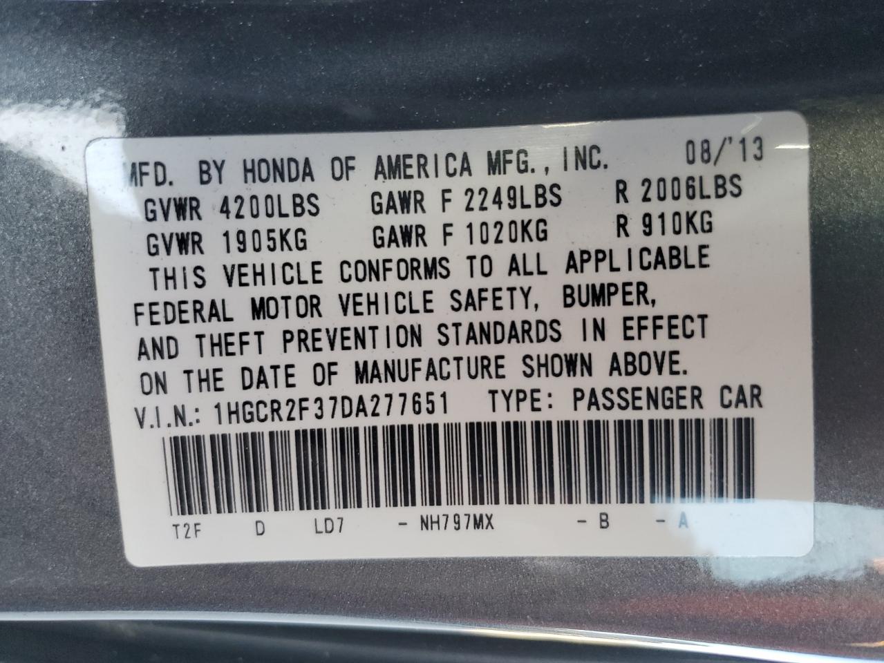 VIN 1HGCR2F37DA277651 2013 HONDA ACCORD no.12