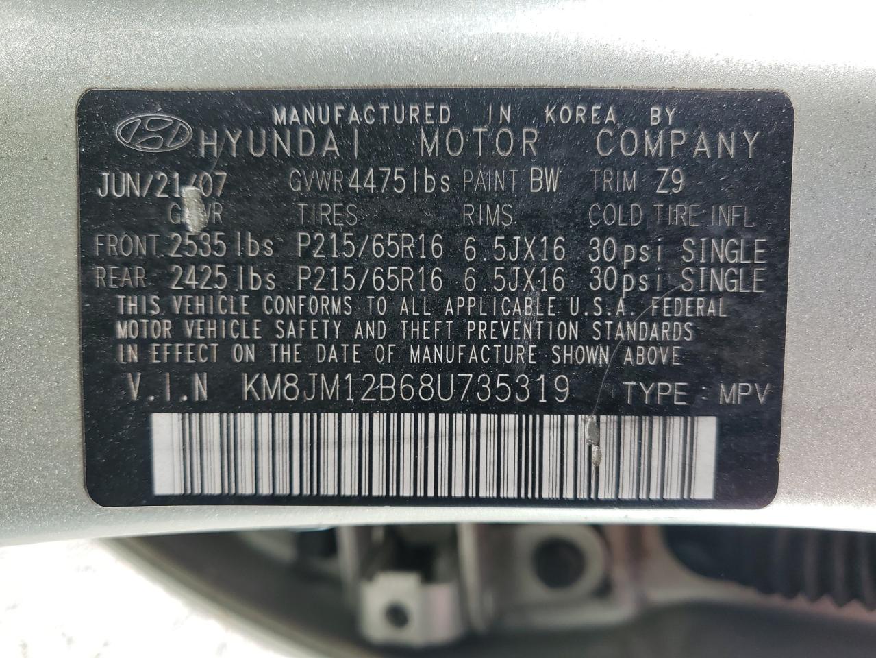 2008 Hyundai Tucson Gls VIN: KM8JM12B68U735319 Lot: 78757744