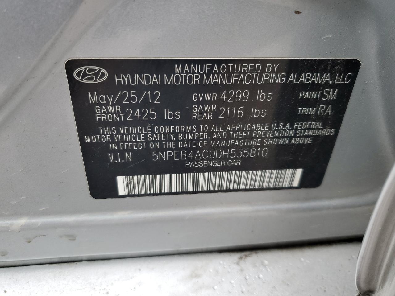 2013 Hyundai Sonata Gls VIN: 5NPEB4AC0DH535810 Lot: 81904304