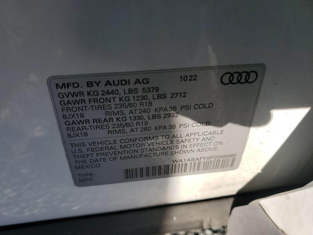 2023 Audi Q5 Premium 40 VIN: WA1ABAFY9P2046985 Lot: 80493784