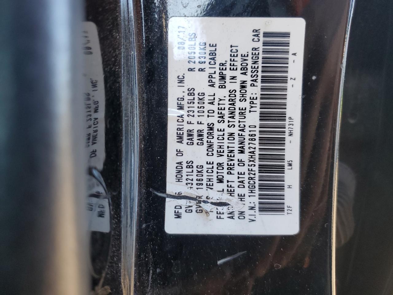 VIN 1HGCR2F5XHA278610 2017 HONDA ACCORD no.12