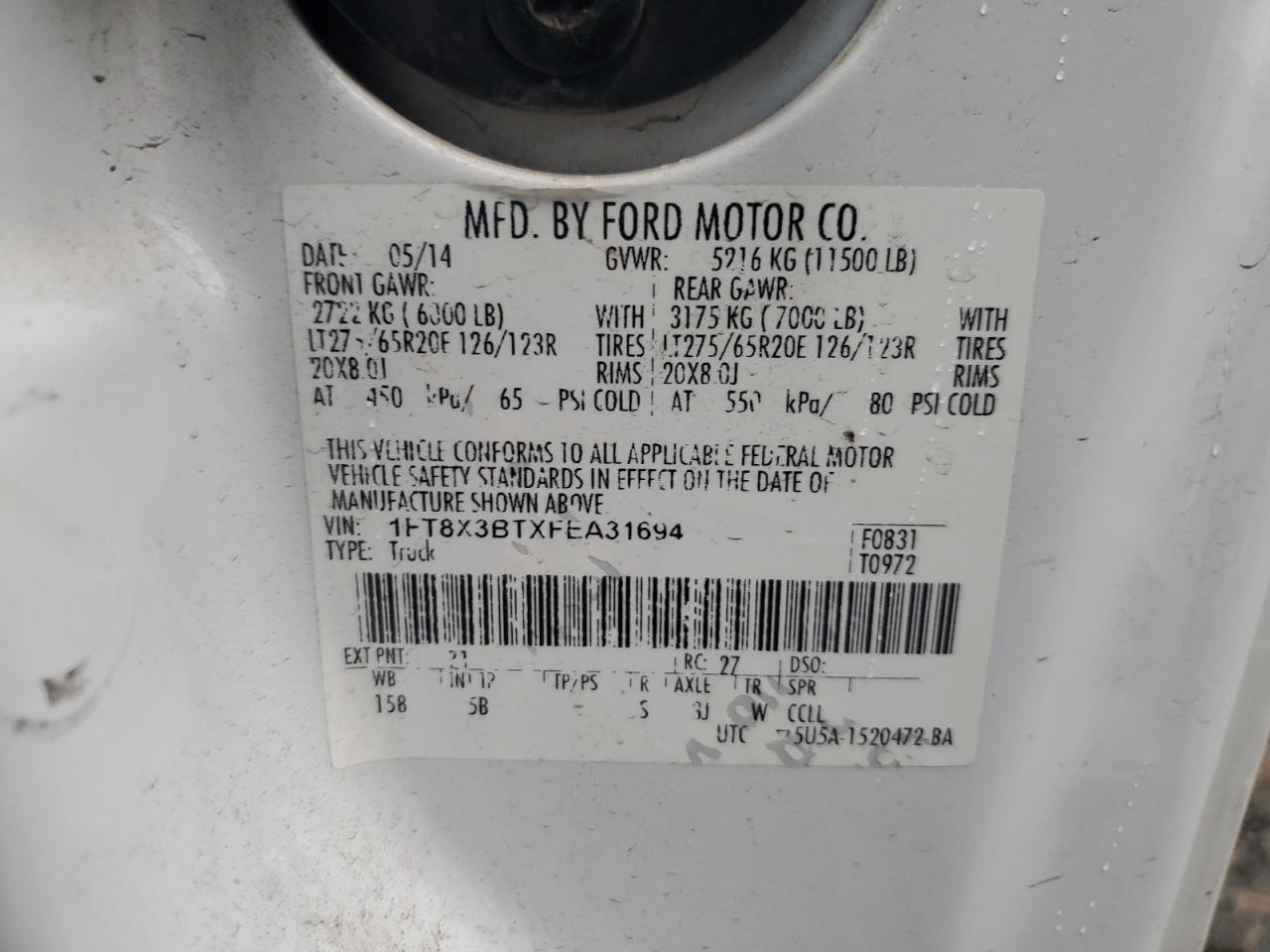 2015 Ford F350 Super Duty VIN: 1FT8X3BTXFEA31694 Lot: 78162904