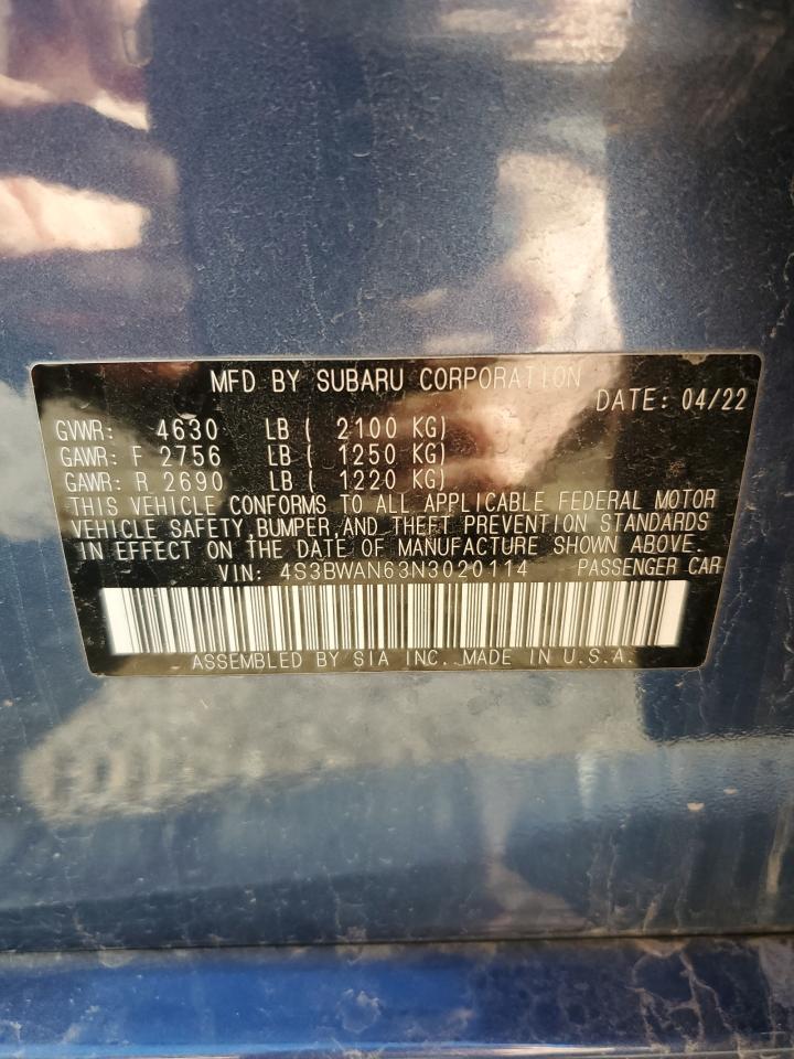 2022 Subaru Legacy Limited VIN: 4S3BWAN63N3020114 Lot: 81565534