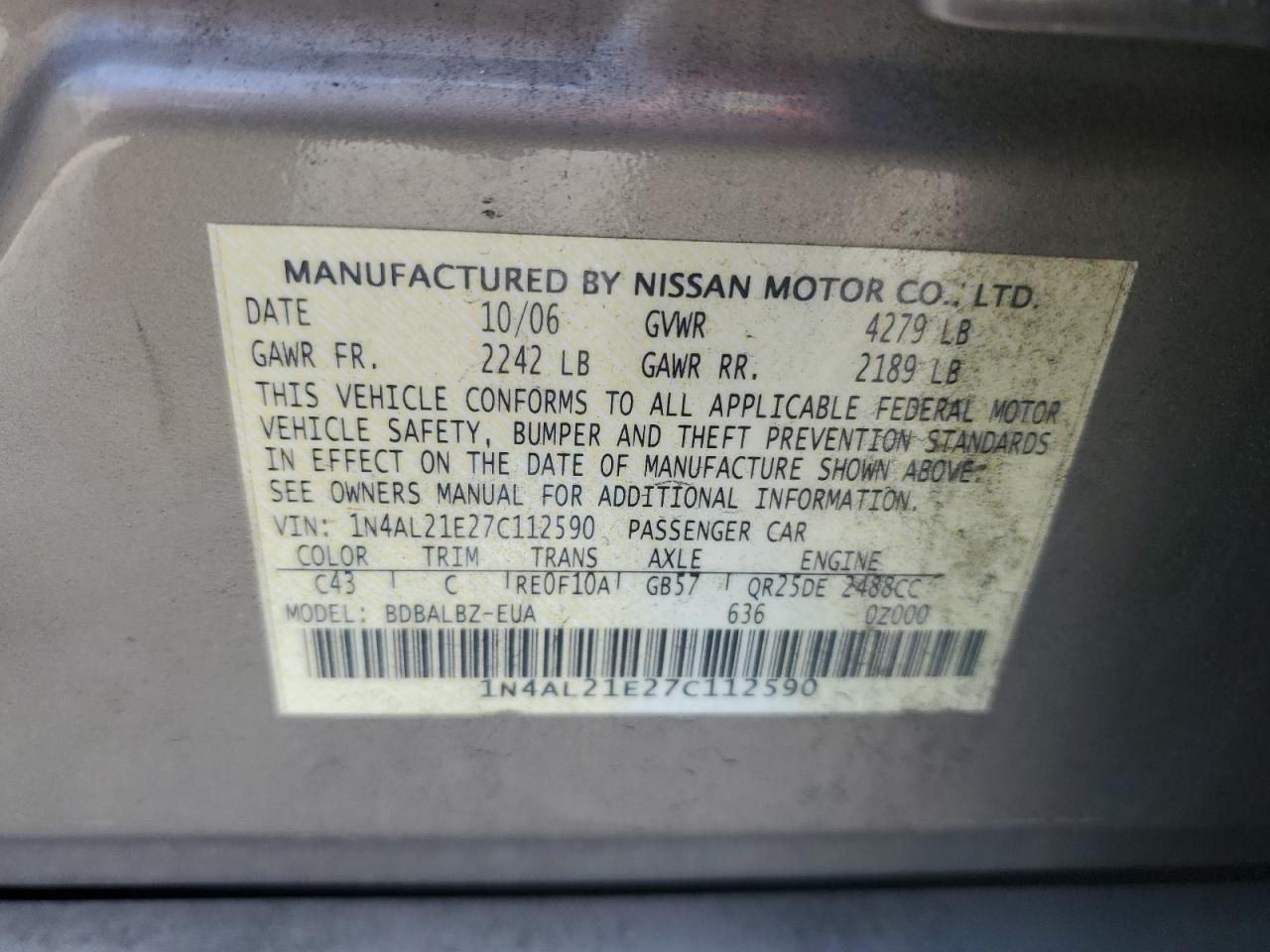 2007 Nissan Altima 2.5 VIN: 1N4AL21E27C112590 Lot: 75533924