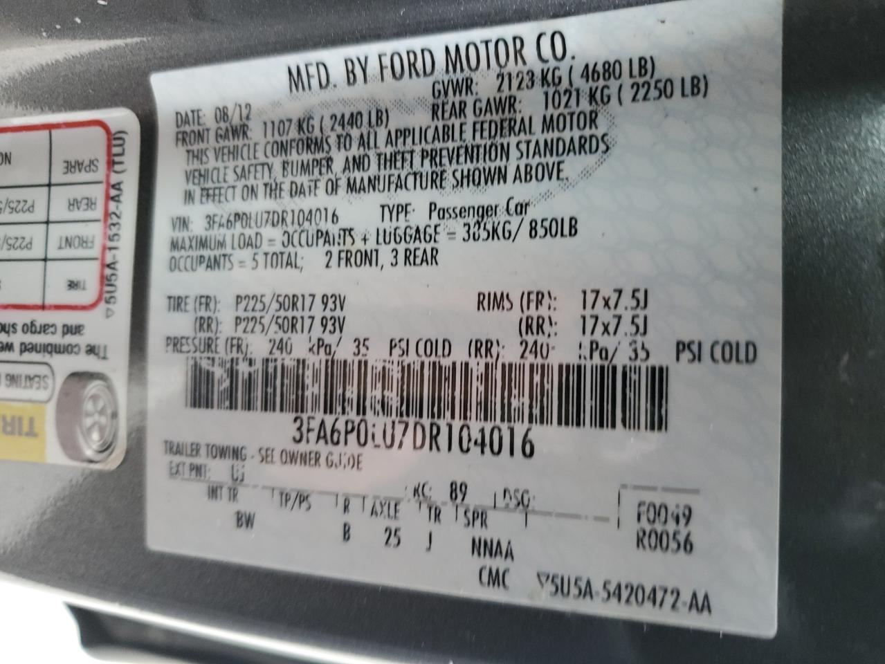 2013 Ford Fusion Se Hybrid VIN: 3FA6P0LU7DR104016 Lot: 78844374