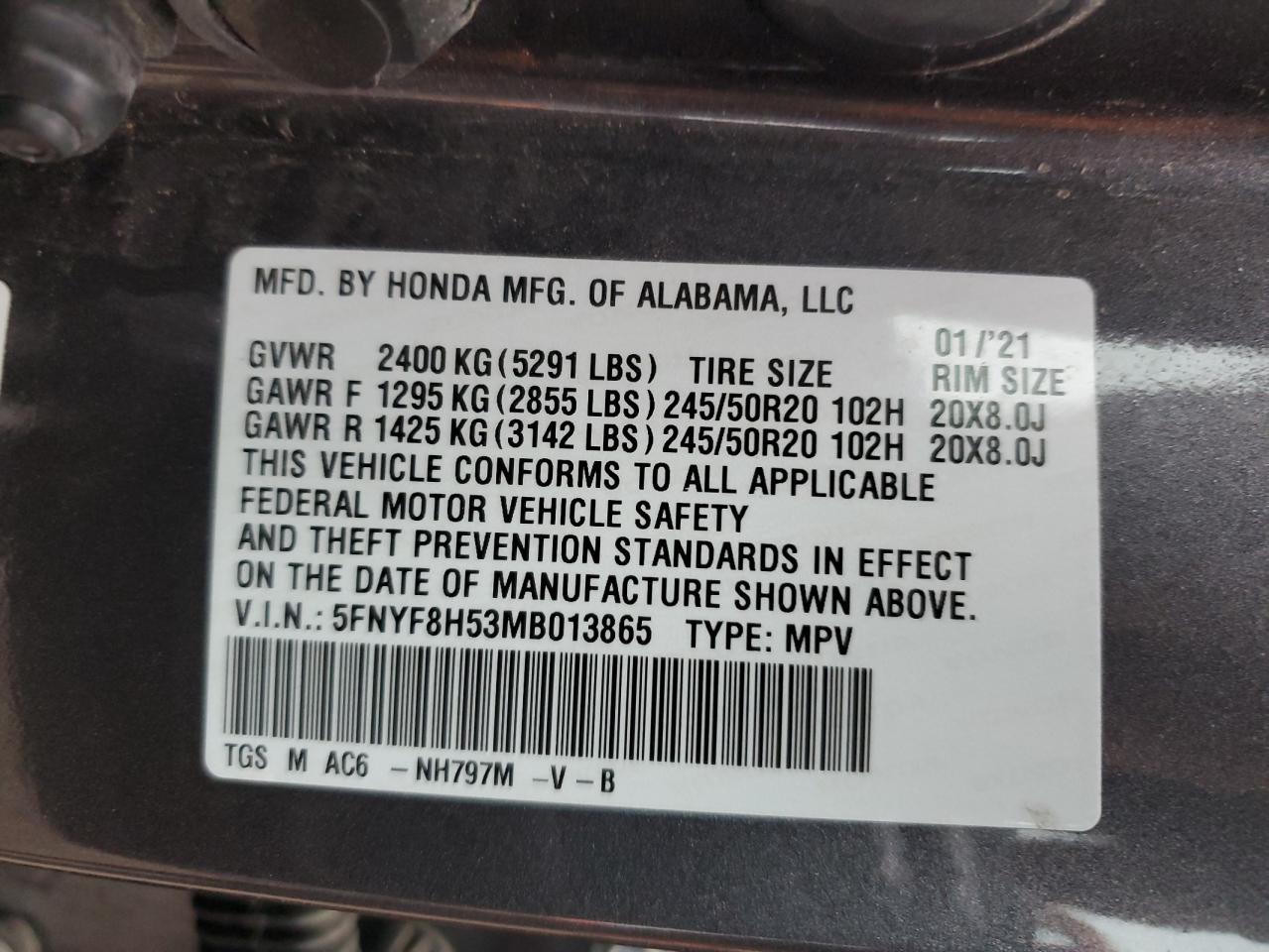 2021 Honda Passport Exl VIN: 5FNYF8H53MB013865 Lot: 80703534