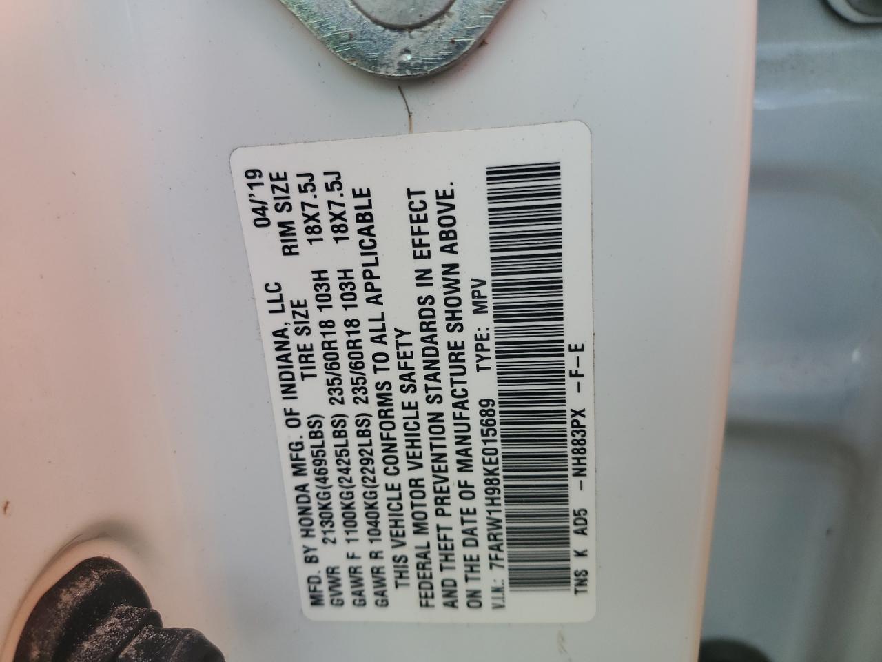 7FARW1H98KE015689 2019 Honda Cr-V Touring