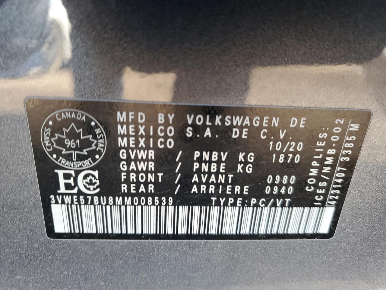 2021 Volkswagen Jetta Sel VIN: 3VWE57BU8MM008539 Lot: 79527864