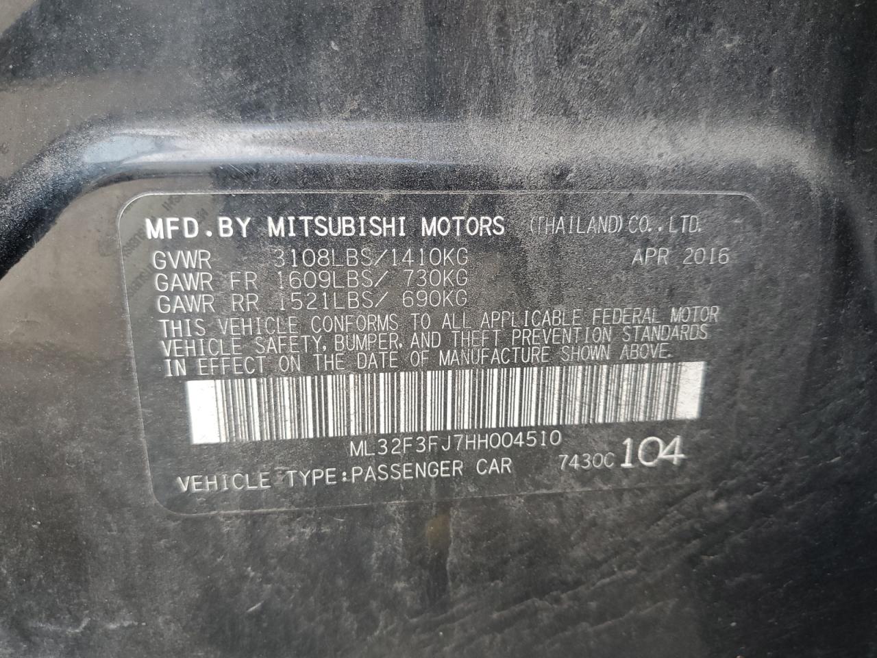 2017 Mitsubishi Mirage G4 Es VIN: ML32F3FJ7HH004510 Lot: 78802454