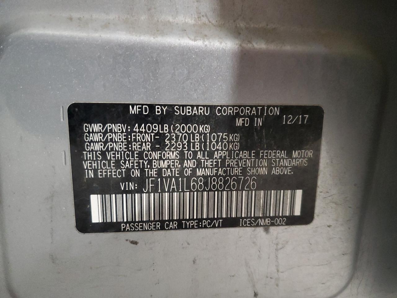 2018 Subaru Wrx Limited VIN: JF1VA1L68J8826726 Lot: 82443064