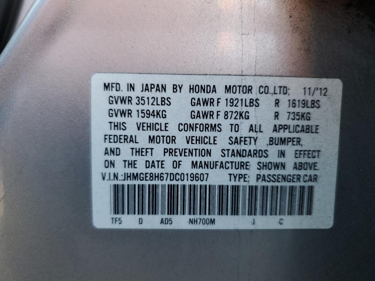 VIN JHMGE8H67DC019607 2013 HONDA FIT no.12