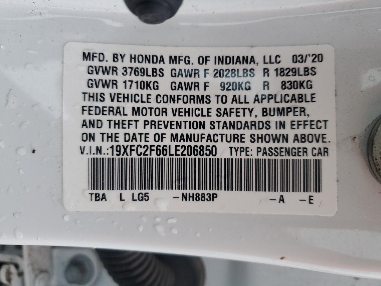 2020 Honda Civic Lx VIN: 19XFC2F66LE206850 Lot: 81077954