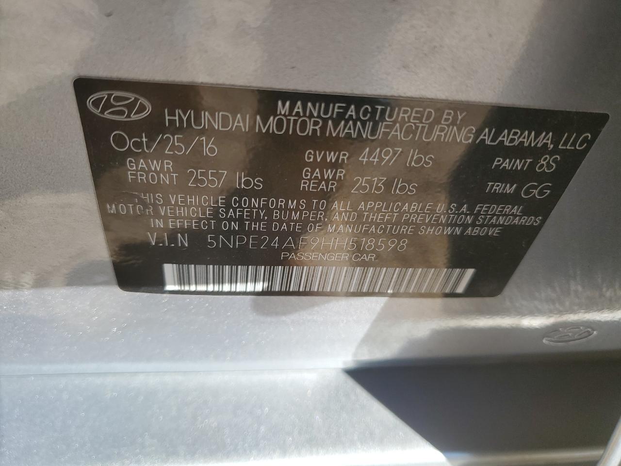 VIN 5NPE24AF9HH518598 2017 HYUNDAI SONATA no.12