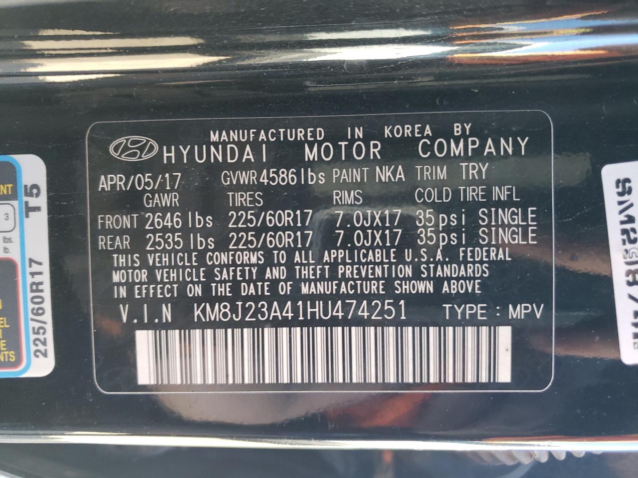 2017 Hyundai Tucson Se VIN: KM8J23A41HU474251 Lot: 80321574