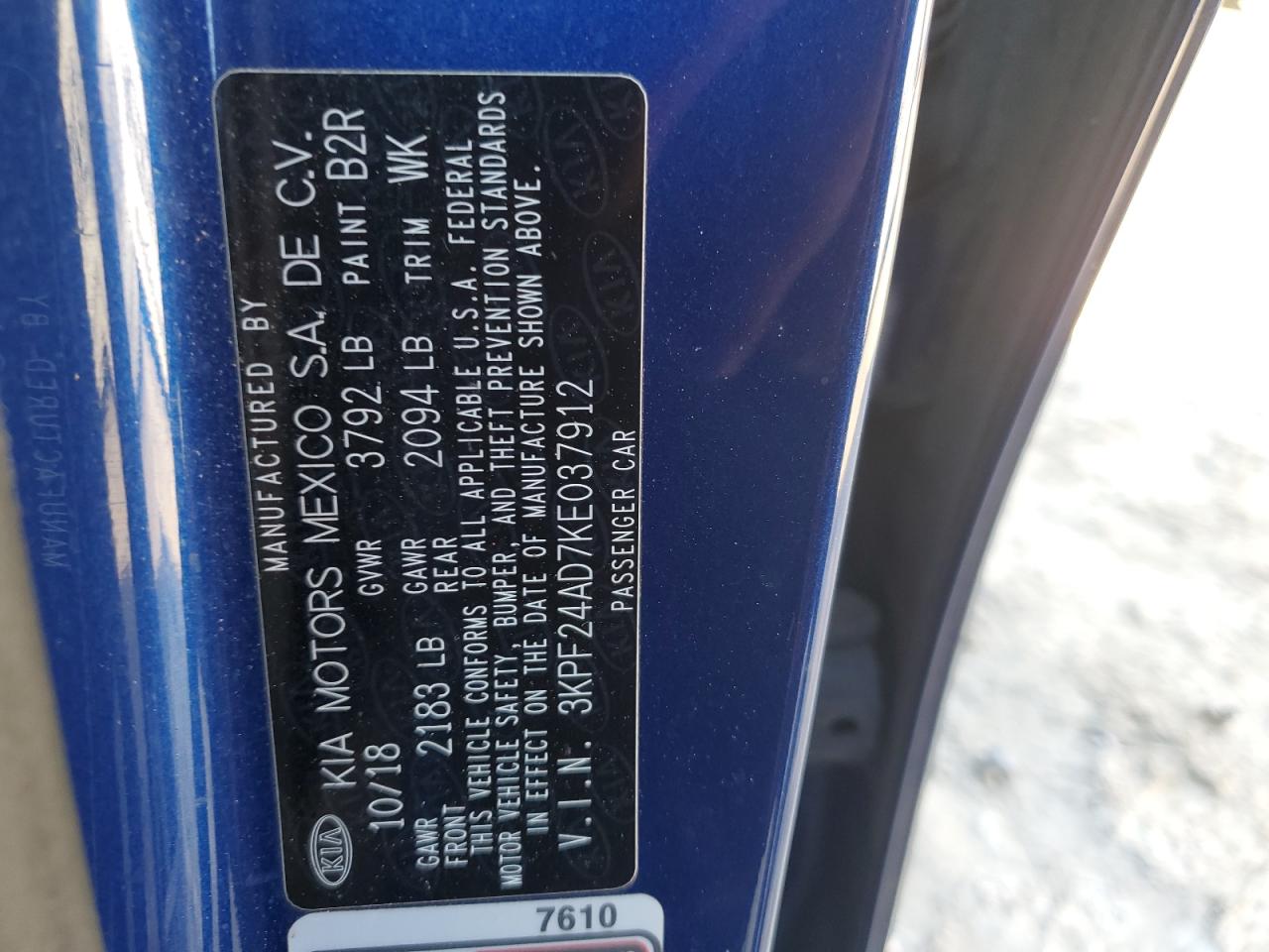 2019 Kia Forte Fe VIN: 3KPF24AD7KE037912 Lot: 80822694