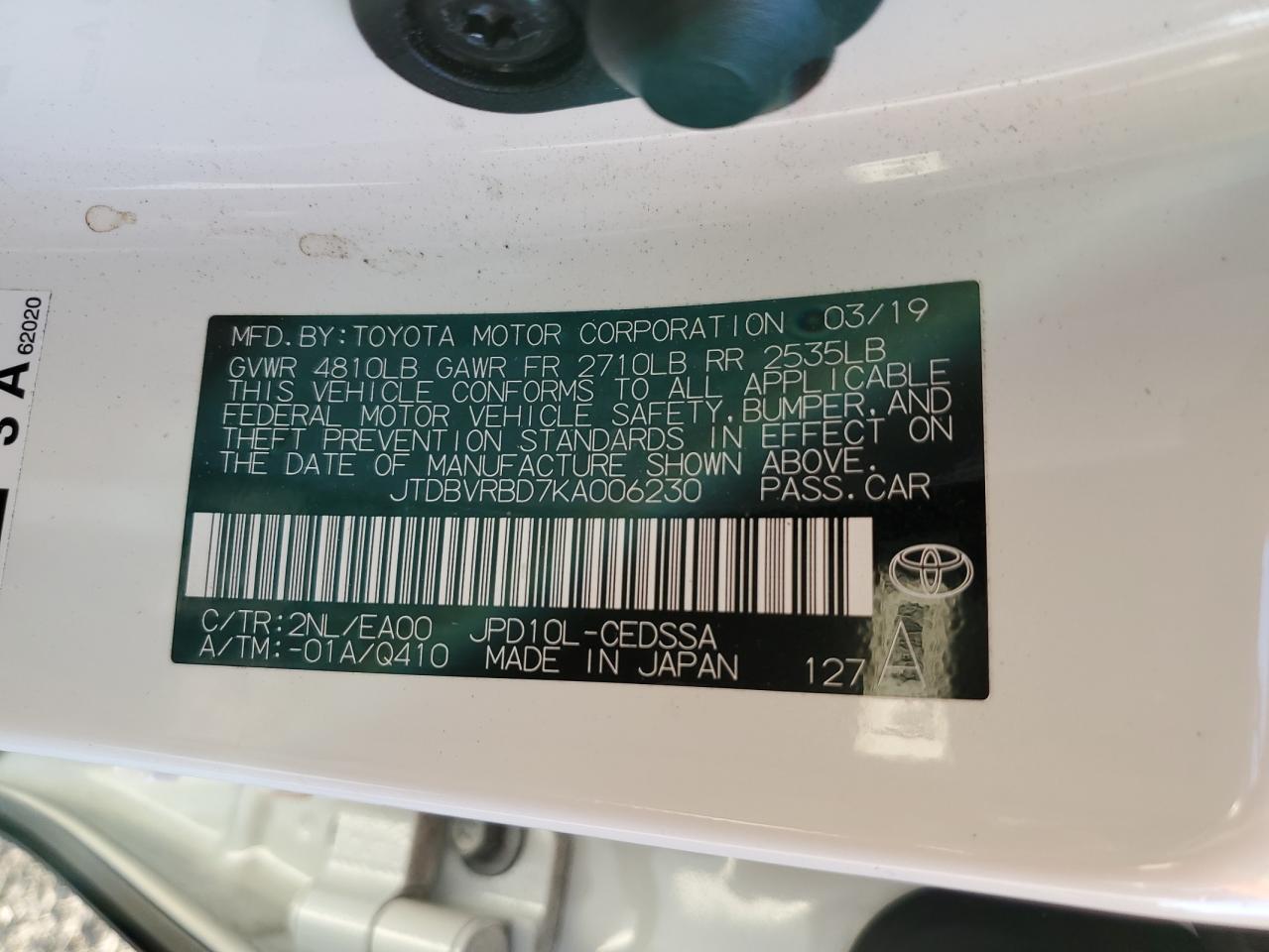 VIN JTDBVRBD7KA006230 2019 TOYOTA MIRAI no.12