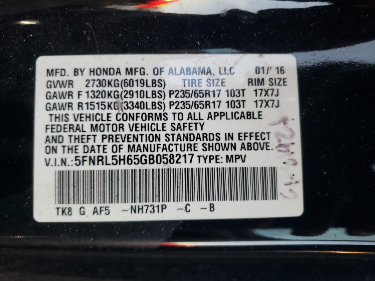 2016 Honda Odyssey Exl VIN: 5FNRL5H65GB058217 Lot: 80505404