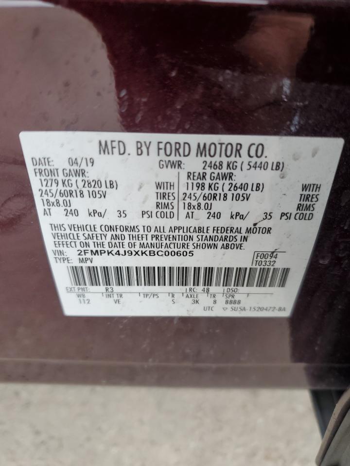 2019 Ford Edge Sel VIN: 2FMPK4J9XKBC00605 Lot: 77619044