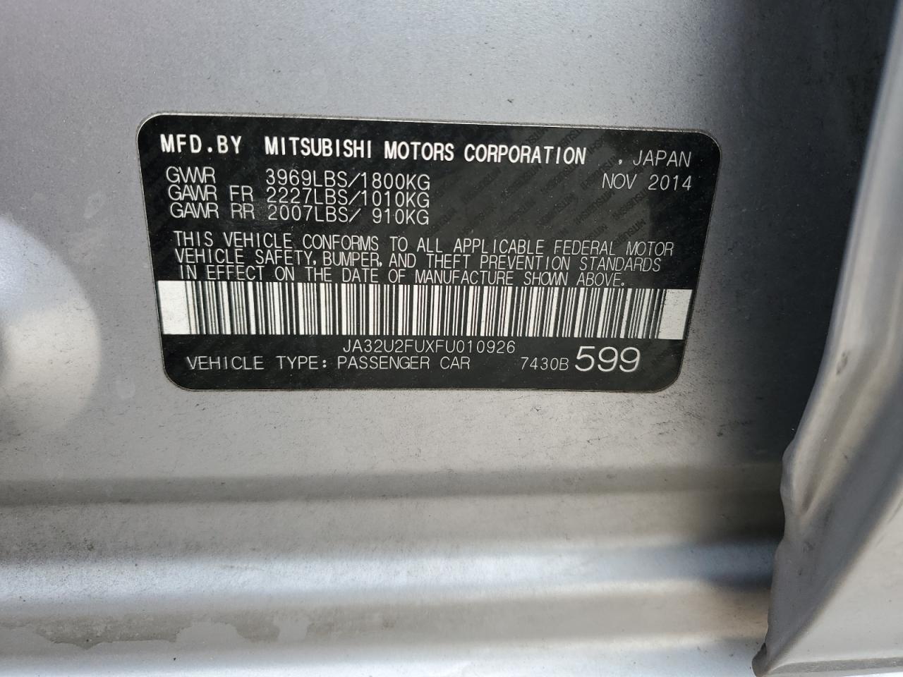 2015 Mitsubishi Lancer Es VIN: JA32U2FUXFU010926 Lot: 82618034