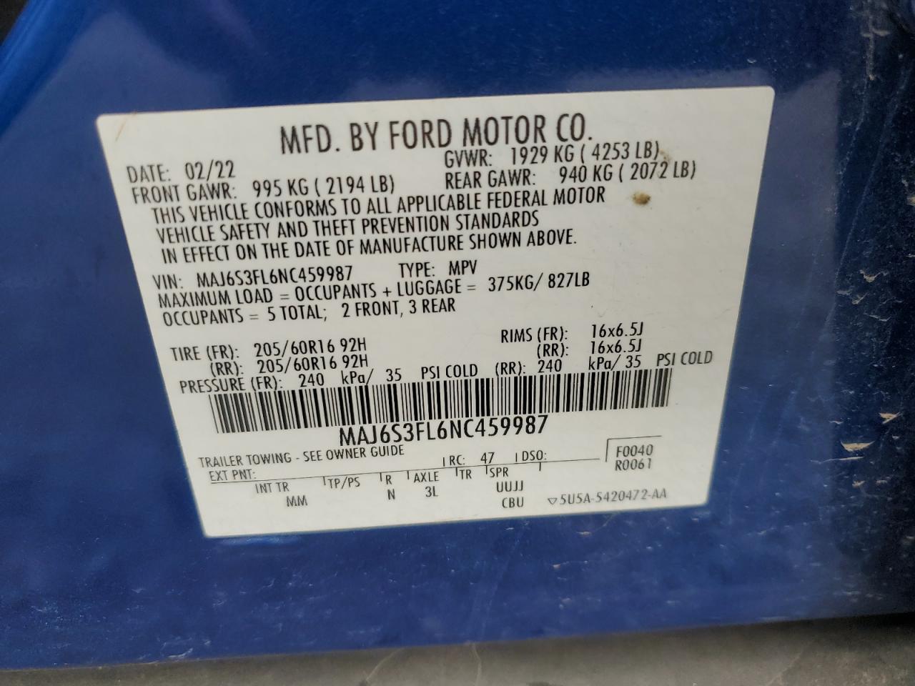 2022 Ford Ecosport S VIN: MAJ6S3FL6NC459987 Lot: 78990474