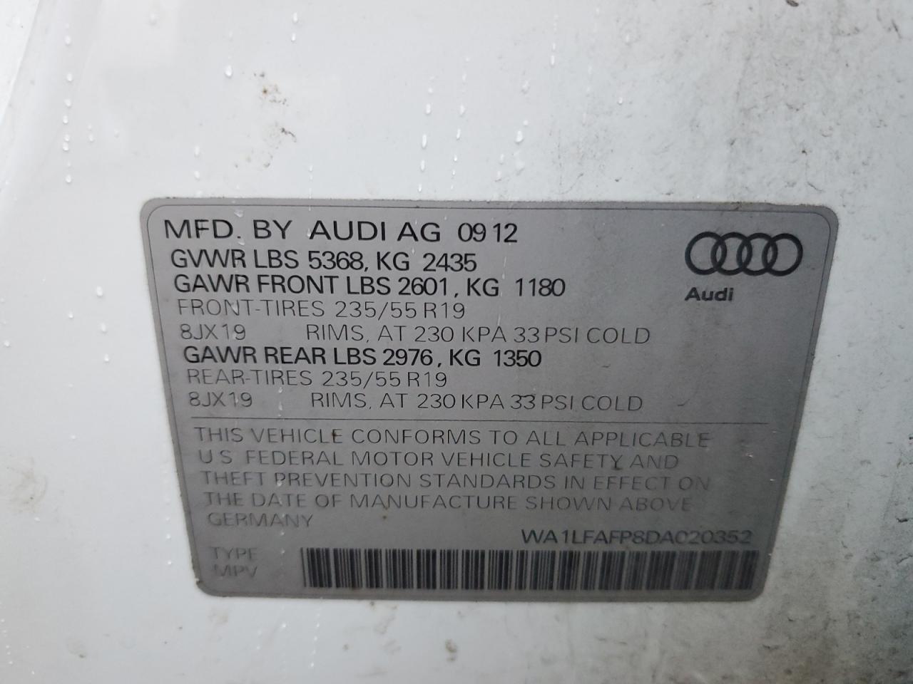 2013 Audi Q5 Premium Plus VIN: WA1LFAFP8DA020352 Lot: 80928564