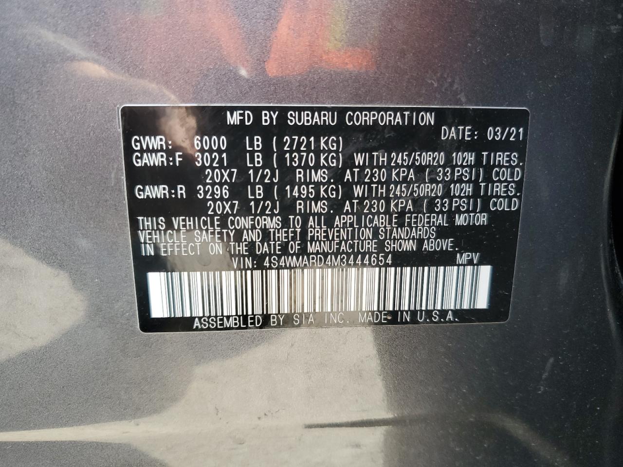 VIN 4S4WMARD4M3444654 2021 SUBARU ASCENT no.13