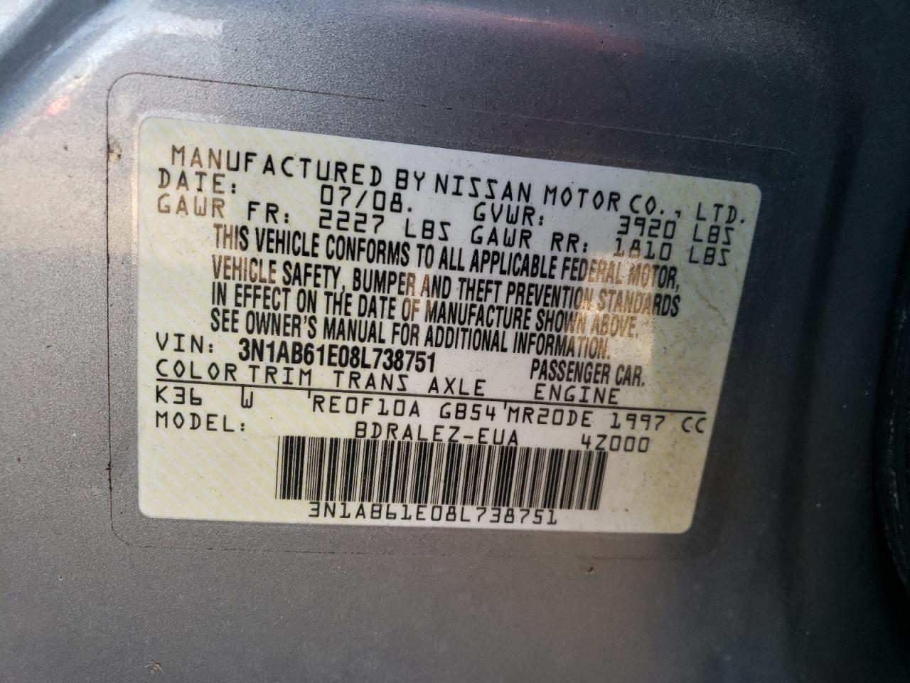 2008 Nissan Sentra 2.0 VIN: 3N1AB61E08L738751 Lot: 80501884