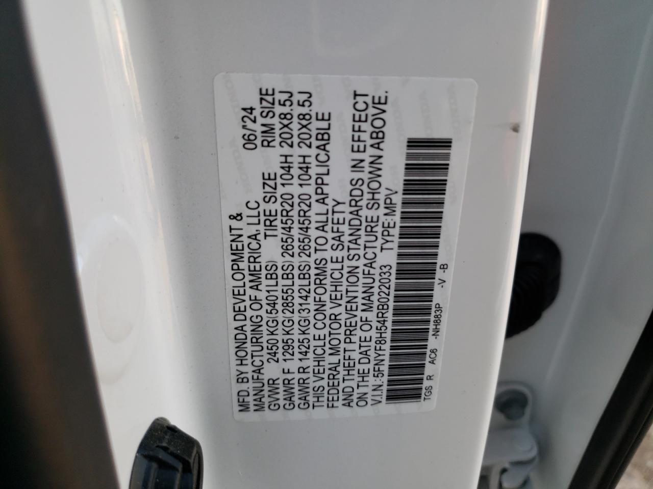 2024 Honda Passport Exl VIN: 5FNYF8H54RB022033 Lot: 78439884