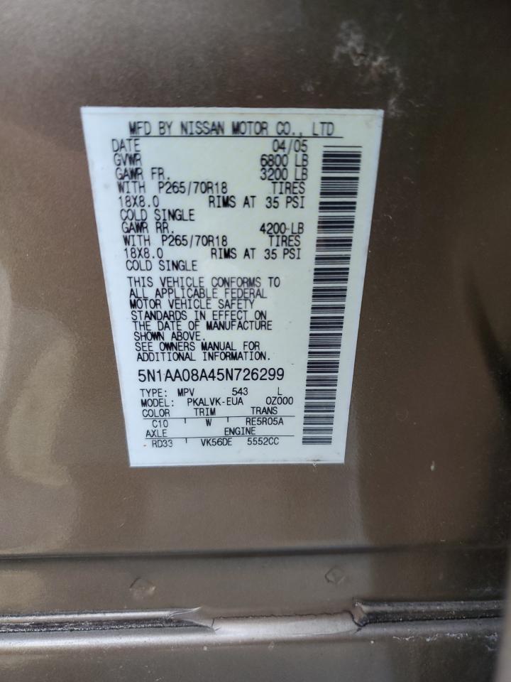 2005 Nissan Armada Se VIN: 5N1AA08A45N726299 Lot: 78846044