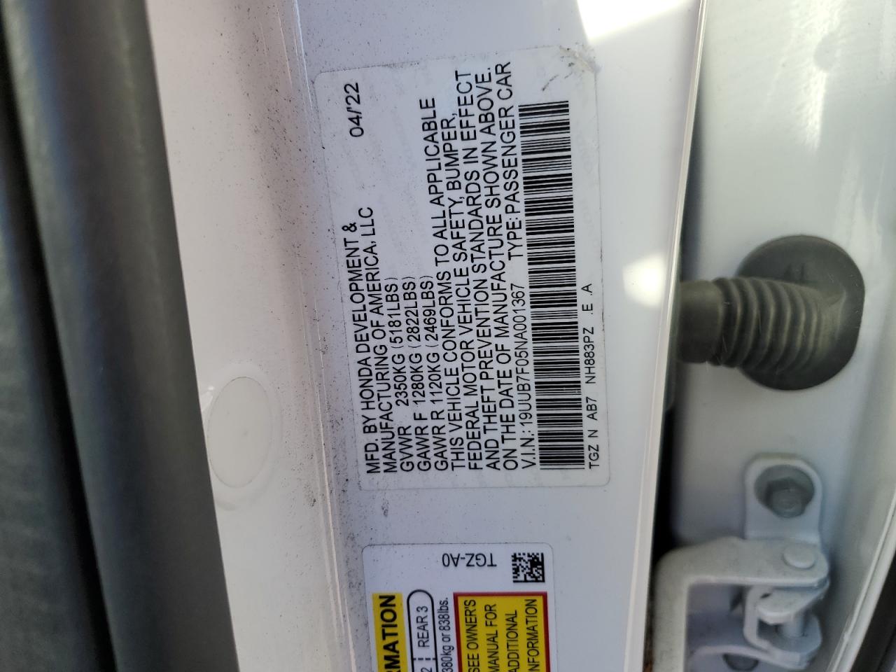 VIN 19UUB7F05NA001367 2022 ACURA TLX no.13