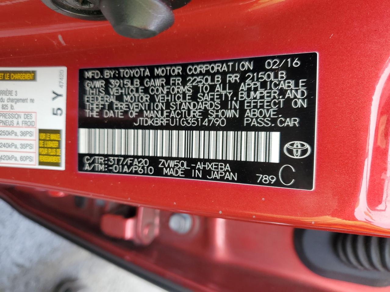 VIN JTDKBRFU1G3514790 2016 TOYOTA PRIUS no.13