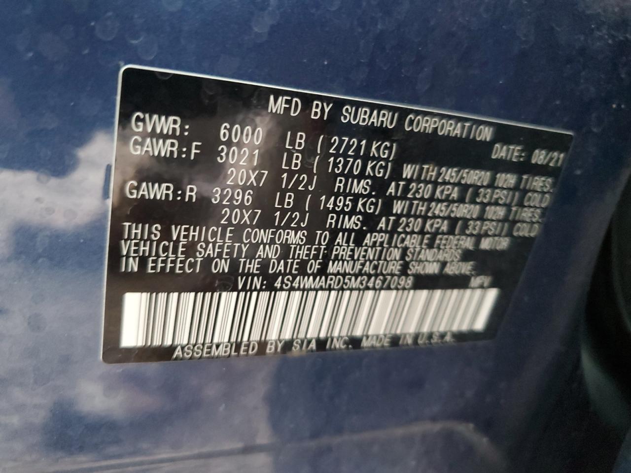 2021 Subaru Ascent Touring VIN: 4S4WMARD5M3467098 Lot: 81053384