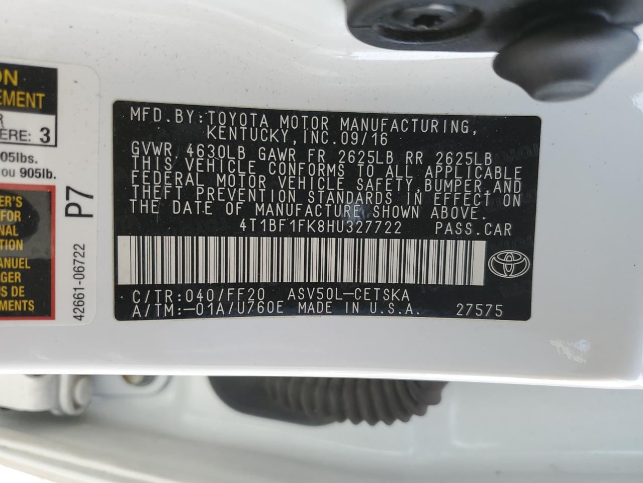 4T1BF1FK8HU327722 TOYOTA CAMRY 2017